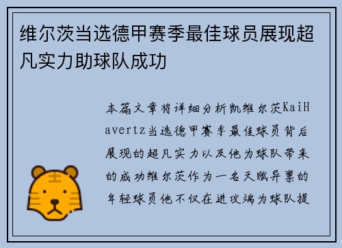 维尔茨当选德甲赛季最佳球员展现超凡实力助球队成功