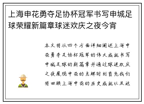 上海申花勇夺足协杯冠军书写申城足球荣耀新篇章球迷欢庆之夜今宵